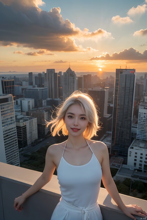 1 girl, moyou, white hair, science fiction clothes, parallel world, two worlds, Exquisite facial features, cloud, sunset, cityscape, 1girl, sky, city, ocean, horizon, cloudy_sky, building, scenery, skyscraper, sunrise, sun, twilight, evening, smile, solo, water, skyline, orange_sky, blue_eyes, bird, city_lights, gradient_sky, 