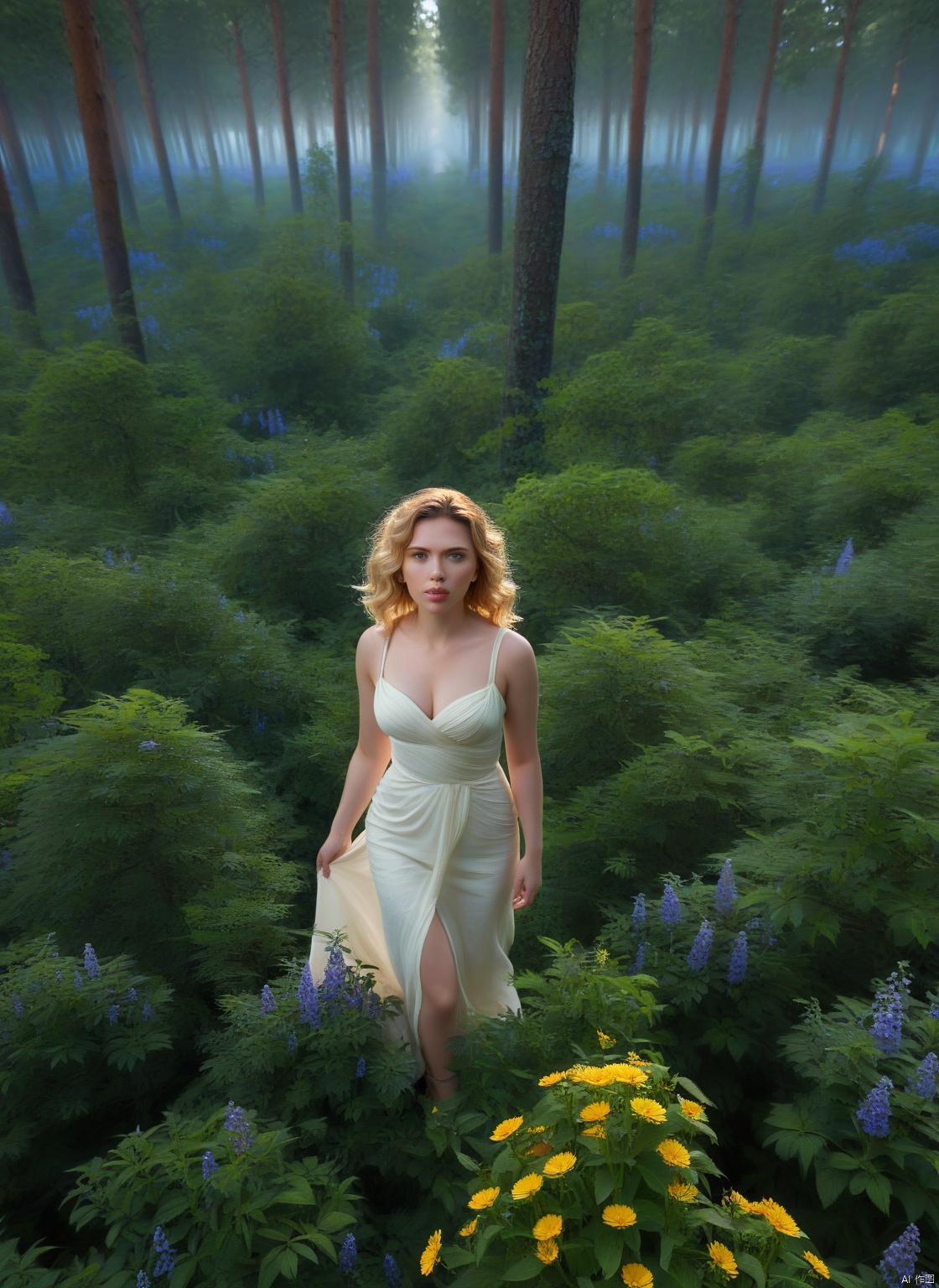  4k, photo, realistic, best quality,highres, ultra-detailed,ultra high res,((photorealistic, 8K)),from above, 

Best Picture Quality: A breathtaking photograph of a young woman standing in a lush green forest, surrounded by vibrant flowers and tall trees. She is wearing a simple white dress that flows gently in the breeze, and her long, wavy blonde hair frames her face in soft curls. The lighting is natural and warm, creating a sense of peace and tranquility. This photo is of the highest quality, with exceptional detail and color accuracy. Scarlett Johansson