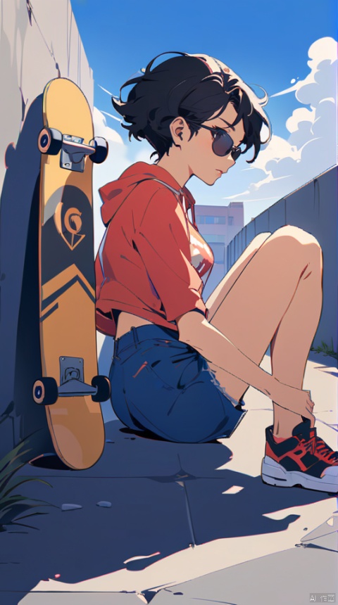 (masterpiece, best quality:1.2), Illustrative style,Hd, 8k, 1 girl, solo,short hair, sitting, 1 pair of sunglasses, hoodie, colored hoodie, denim shorts, sneakers, skateboard, Human focus, outdoor, blue sky, White clouds, graffiti wall, flat,  