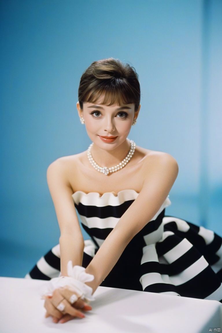 (masterpiece, best quality, hyper realistic, raw photo, ultra detailed, extremely detailed, intricately detailed), (photorealistic:1.4), (photography of Audrey Hepburn wearing a fashionable Striped off-the-shoulder ruffle hem dress, designed by Hubert de Givenchy, ), (smile), fairy, pure, innocent, beauty, (slender), super model, adr, Breakfast at Tiffany's, Sabrina, (glide_fashion), depth offield,(fullshot),filmgrain,zeisslens,symmetrical,8kresolution,octanerender(OC渲染),extremelyhigh-resolutiondetails,finetexture,dynamicangle,fashion(时尚), fashion,,