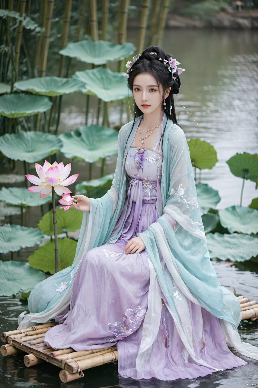  1girl, solo, long hair, white hair,Hairpins,necklace, hair ornament, long dress, full body, flower, earrings, (A beautiful girl sitting on a bamboo raft in the water, swimming downstream:1.2), (Huge lotus, rain:1.2), (full body), (aqua_china_dress:1.2), hair bun, (purple dress:1.1),(Tube top Hanfu long skirt:1.2), pillow, bed, night, chinese clothes, table, branch,daxiushan, ,daxiushan style,(huge breasts:2.1), (full breasts:1.7), realistic,hanfu, daxiushan,Shoulders are exposed, , daxiushan, arien_hanfu, yaya