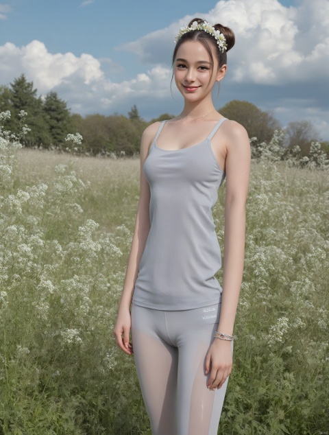  (((full body))), Realistic, masterpiece, highest quality, high resolution, extreme details, 1 girl, solo, bun, headdress, delicate eyes, beautiful face, shallow smile, delicate necklace, 1girls, fair_skin, long hair, small breasts, gray sports bra , rose yoga clothes, Yoga pants, long legs ,looking_at_viewer,(standing),（smile), 1girl, hair bun, light gauze, snow-white skin, delicate skin texture, silver bracelet, pantyhose, elegant standing, outdoor, blue sky, white clouds, flowers, flowers, grass, movie light, light, light tracking, (Nikon AF-S 105mm f / 1.4E ED), MAJICMIX STYLE, ,bailing_model,Dasha Taran