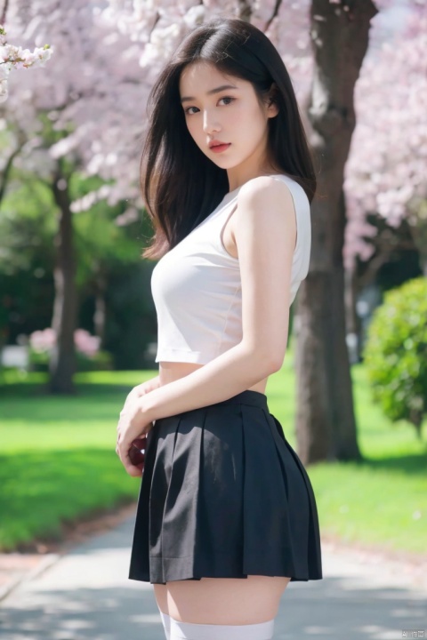  1girl,eye contact,sunlight,(JK_suit),JK_style,(dark blue JK_skirt),standing,arms behindback,white thighhighs,3d,unity 8k wallpaper,ultra detailed,beautiful and aesthetic,cherry blossoms,depth of field:1.5,black pantyhose,huge filesize,photo_(medium),reality,high quality,highres, takei film
