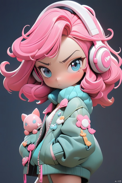  An animated character with vibrant pink hair and blue eyes, adorned in a modern-style jacket, showcases a determined expression. She wears pink headphones and has a small pink creature attached to her jacket, reflecting her playful and adventurous nature, (masterpiece,best quality:1.2)