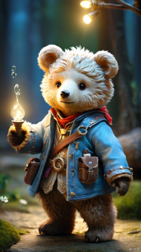  Hyper-detailed painting, Jean-Baptiste Monge style, The cute little brave bear is in the novice village, wearing adventurer clothes, splash, glittering, cute and adorable, filigree, lights, fluffy, magic, surreal, fantasy, digital art, ultra hd, hyper-realistic illustration, vivid colors, UHD, cinematic perfect light, greg rutkowski, 3DIP, tr mini style, Sewing doll