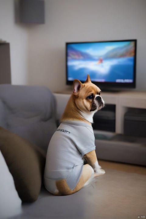  The protagonist dog, dressed in casual attire, in the bedroom, watching a large screen TV, playing game consoles, sitting on the sofa, upper body close-up