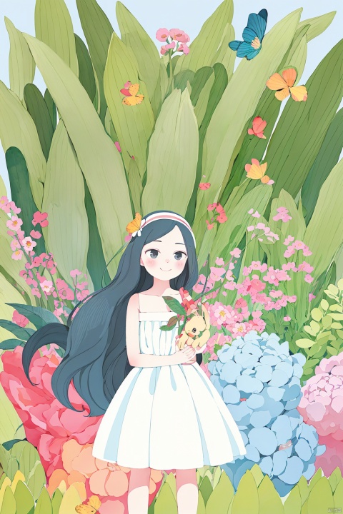  （Best quality,masterpiece.）1girl was sitting in a garden, surrounded by colorful flowers and butterflies, her long black hair falling down gently, wearing a simple summer dress and a pink headband that matches the color of the flowers, holding a stuffed rabbit in his arms, he looked straight ahead, with a fresh Chloroplastida in the background and a front view.