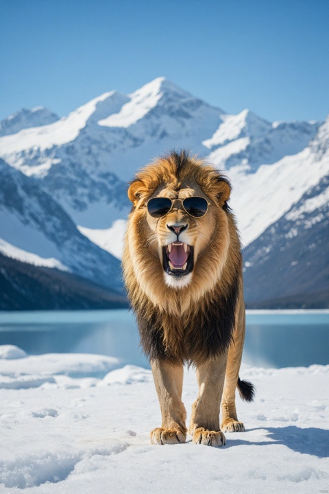  A lion with sunglasses, showing a hilarious expression of astonishment and laughter, standing in a snowy wilderness. The majestic creature is framed by snow-covered mountains and a pristine frozen lake reflecting the bright blue sky. With a slight motion blur, the lion's regal stance captivates the viewer, creating a humorous and enchanting scene.