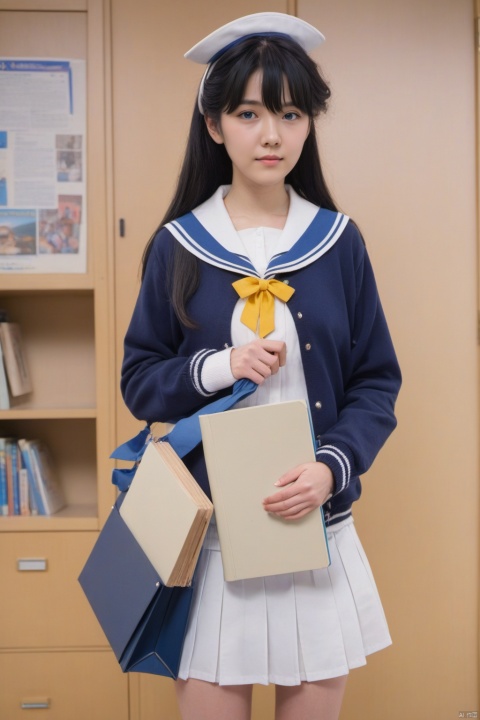  ningen mame, quality good, 1girl, ui (blue archive), solo, book, long hair, black hair, holding book, holding, hairband, bangs, bags under eyes, blue hairband, sailor collar, blush, long sleeves, looking at viewer, cardigan, closed mouth, white sailor collar, hair between eyes, school uniform, halo, upp