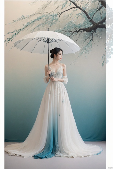  
/I Foreground a tree, Chinese beauty holding an umbrella, cyan and white color matching, ink painting minimalist style, large white space, tulle translucent material, soft gradient, perspective aesthetics