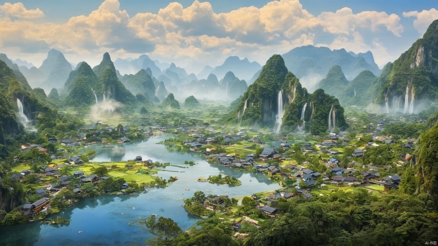  Landscape of Guilin,lakes,Reflect the sky,(Jet hole blue flame and lightning 1.0),(Adequate sunlight 1.5),(Optical materials 1.0),(Water in glass materials 1.5),(beach 1.0),(wonderland 1.0),Overlooking,,(sea 1.9),,Representative,boutique, Ultra HD, , reflection, masterpiece, true light and shadow, wide Angle, outdoors, sky, day,, blue sky, (no humans 99.9),nature, scenery, Water, (High Quality), Best Quality, (4K), 8K, Super Detail, (Full Detail), (Masterpiece), (Realistic), Super Detail, (Exquisite Detail), Intricate, Traditional Chinese Ink Painting,Mountain peaks, blue sky, flowing water,Wild goose, Scenery,