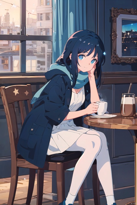  (1girl:0.6),thin,very long hair,(((dark blue hair))), (((dark blue hair))),(((dark blue hair))),(((blue eyes))),(stars in the eyes),floating hair,Starry sky adorns hair,small breasts,(black galaxy colorful coat),white lining,white skirt,socks,star hairpin,blue scarf,closed mouth,(happy),((a cup of Exothermic gas coffee)),((drinking coffee)),sitting in chair,table in front of her,classical cafe,winter,cityscape,floating snow in window,masterpiece,best quality,official art,extremely detailed CG unity 8k wallpaper,cozy anime, backlight,(wide shot:0.95),Dynamic angle, fanxing,(full body), cozy anime,pantyhose