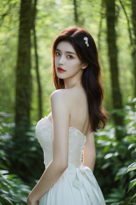  (realistic), (hyperrealism),best quality, masterpiece,ultra high res, (photorealistic:1.4),1girl,pale skin,skinny,(looking at viewer:2), ,forest, flowers, sunlight,
 , (tattered) wedding dress , bare shoulders, upper body,