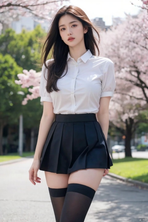  1girl,eye contact,sunlight,(JK_suit),JK_style,(dark blue JK_skirt),standing,arms behindback,white thighhighs,3d,unity 8k wallpaper,ultra detailed,beautiful and aesthetic,cherry blossoms,depth of field:1.5,black pantyhose,huge filesize,photo_(medium),reality,high quality,highres,