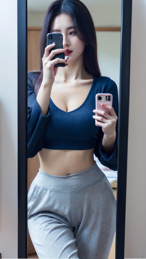 1girl, solo, long hair, breasts, black hair, long sleeves, holding, cleavage, medium breasts, collarbone, midriff, pants, crop top, sleeves past wrists, phone, cellphone, blue shirt, smartphone, reflection, holding phone, mirror, selfie, tight pants, yoga pants