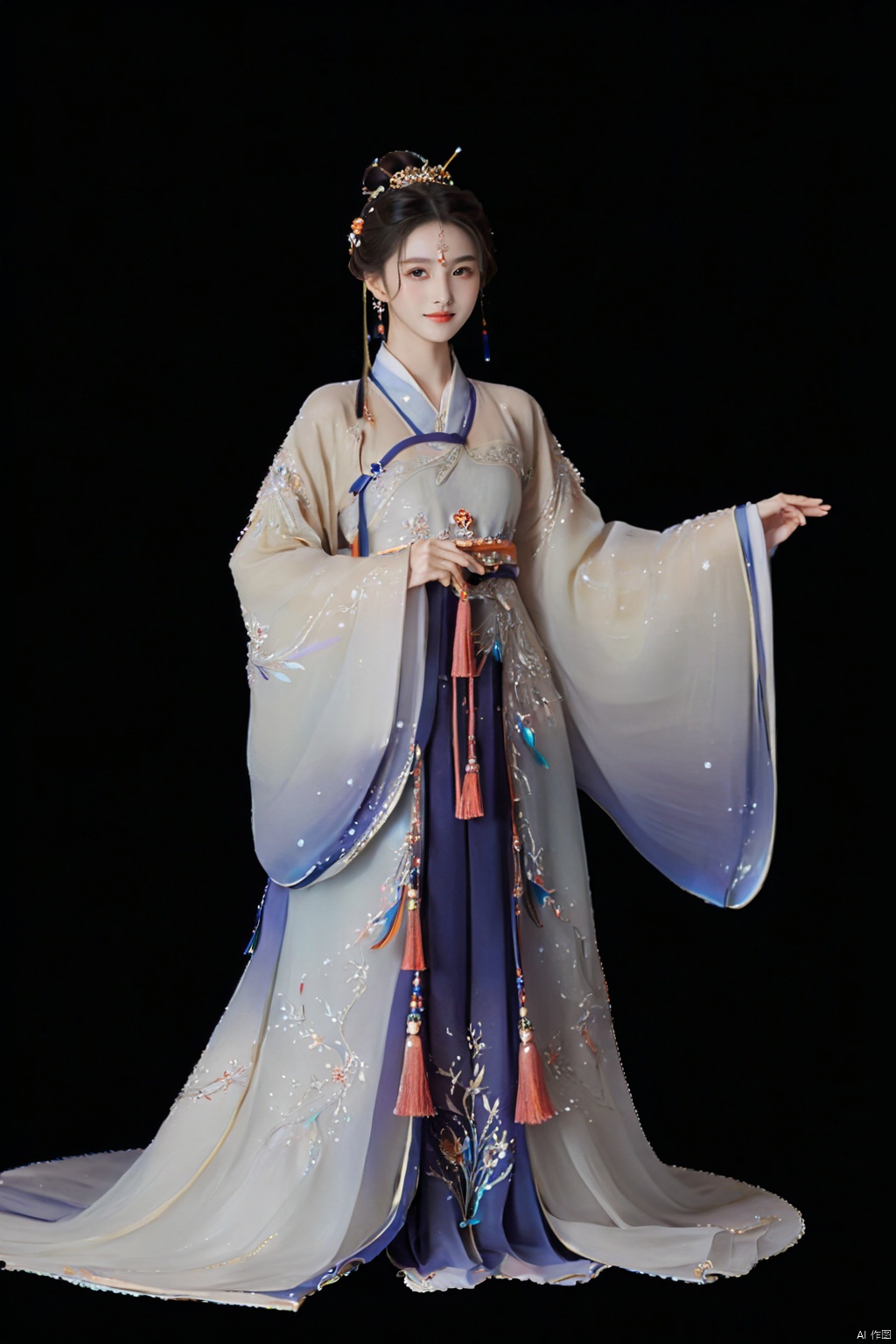 1.3, Masterpiece, Highest Quality, High Resolution, Details: 1.2, 1 Girl, Bun, Hairpin, Beautiful Face, Delicate Eyes, Tassel Earrings, Necklaces, Bracelets, Hanfu, Su Embroidered Hanfu, Streamers, Ribbons, Elegant Stand Posture, Aesthetics, Movie Lighting, Ray Tracing, Depth of Field, Layering,Fluttering, Hanfu, qingsha
Negative Prompt：ugly, tiling, poorly drawn hands, poorly drawn feet, poorly drawn face, out of frame, extra limbs, disfigured, deformed, body out of frame, bad anatomy, watermark, signature, cut off, low contrast, underexposed, overexposed, bad art, beginner, *******, distorted face