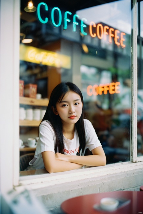  photography shot trough an outdoor window of a coffee shop with neon sign lighting, window glares and reflections, depth of field, young chinese girl sitting at a table, portrait, kodak portra 800, 105 mm f1. 8