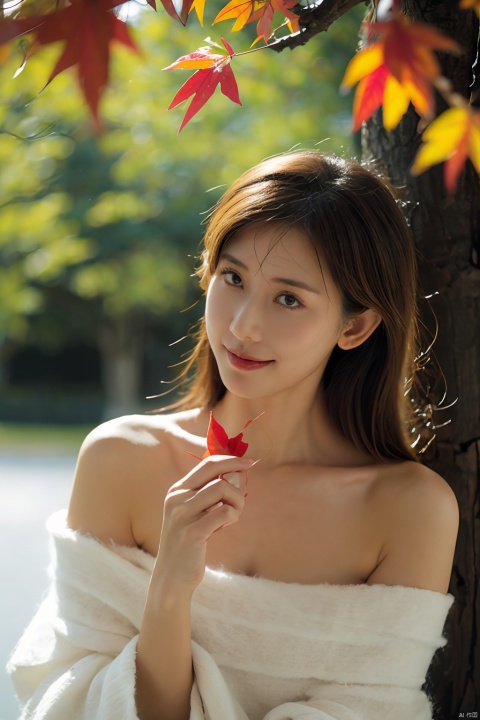  The image features a beautiful young woman holding a red leaf in her hands, bathed in warm light. Her expression is serene and dreamy, and her hands are gracefully folded. The colors are primarily brown and green, with the red leaf standing out. The style is ethereal and soft, with a focus on the woman's face and the leaf. The lighting is well-done, with interesting shadows and depth. The woman's outfit is not clearly visible, but the focus is on her as a subject. Overall, the image is beautiful, evocative, and technically proficient, making it a truly exceptional photograph.