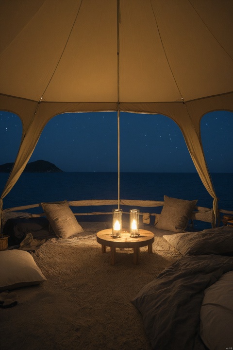 a tent,lights,night view,sea,extremely detailed face,highres,finely detail,extremely detailed CG,beautiful detailed glow,detailed light,extremely detailed CG unity 8k wallpaper,ultra-detailed,masterpiece,best quality,Defined 'real' light source,night,view,medium_shot,