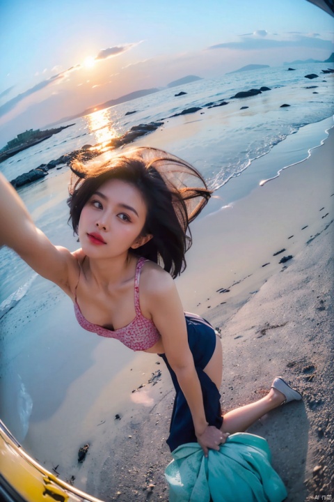  a Asian woman takes a fisheye selfie on a beach at sunset, the wind blowing through her messy hair. The sea stretches out behind her, creating a stunning aesthetic and atmosphere with a rating of 1.2, ((poakl)), poakl ggll girl