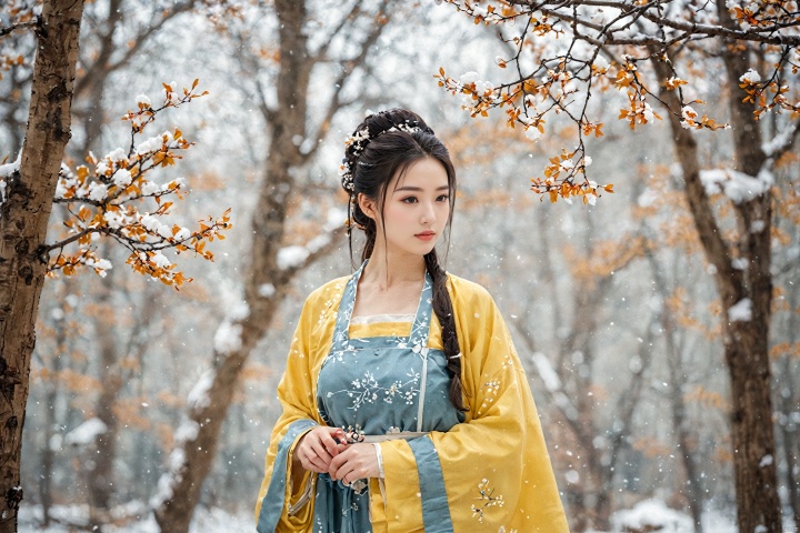  hanfu dress,a beautiful girl is standing,The Han costume of the Song Dynasty, the whole body,Flower basket,beautiful face,be affectionate,long eyelashes,high nose,Song Dynasty Hanfu, Winter, snowy days, snowfall, snow on tree tops, snow on the ground,gentle depth of field and soft bokeh,Capture the image as if it were taken on an 35mm film for added charm, looking at viewer,35mm photograph,The main color tone of the screen is yellow, with a film style (aperture1.4, ISO-100, focal length35mm), Full body, denim lens,film, bokeh, professional, 4k, highly detailed, MAJICMIX STYLE