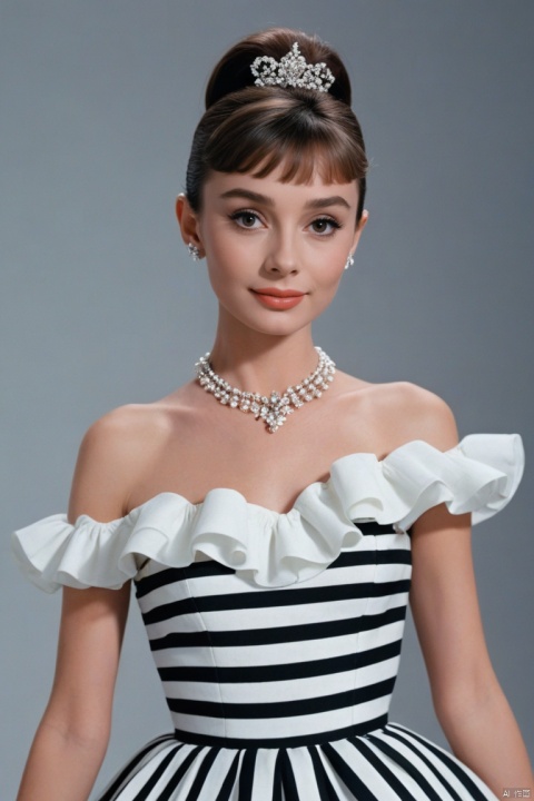  (masterpiece, best quality, hyper realistic, raw photo, ultra detailed, extremely detailed, intricately detailed), (photorealistic:1.4), (photography of Audrey Hepburn wearing a fashionable Striped off-the-shoulder ruffle hem dress, designed by Hubert de Givenchy, ), (smile), fairy, pure, innocent, beauty, (slender), super model, adr, Breakfast at Tiffany's, Sabrina, (glide_fashion), depthoffield,(fullshot),filmgrain,zeisslens,symmetrical,8kresolution,octanerender(OC渲染),extremelyhigh-resolutiondetails,finetexture,dynamicangle,fashion(时尚), fashion,,