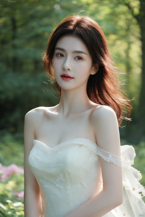  (realistic), (hyperrealism),best quality, masterpiece,ultra high res, (photorealistic:1.4),1girl,pale skin,skinny,(looking at viewer:2), ,forest, flowers, sunlight,
 , (tattered) wedding dress , bare shoulders, upper body,