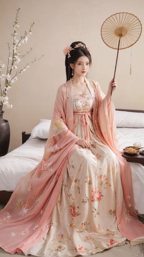  1girl, solo, long hair, black hair,Hairpins,necklace, hair ornament, long dress, full body, flower, earrings, indoors, hair bun, hanfu dress,(Tube top Hanfu long skirt:1.1),(Hand holding fan:1.2), pillow, bed, night, chinese clothes, table, branch,daxiushan, ,daxiushan style,(huge breasts:1.7), (full breasts), realistic,hanfu, daxiushan,Shoulders are exposed,daxiushan, arien_hanfu