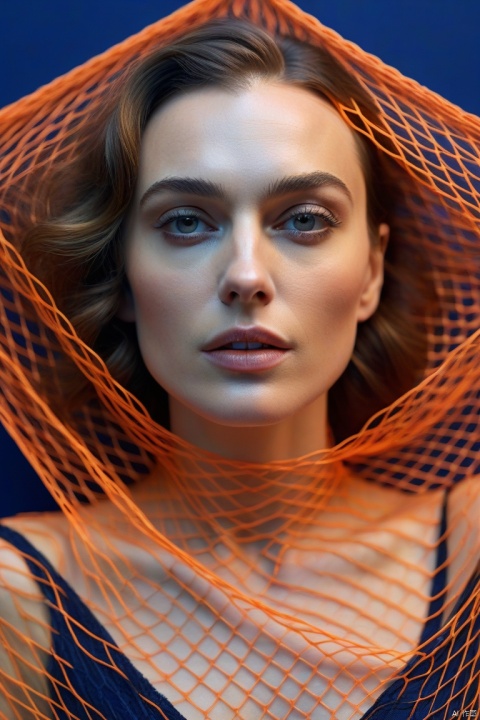  masterpiece, best quality, highly detailed, Amazing, finely detail, A woman looks at the camera with seductive eyes, Through a neon mesh, In the style of dreamlike portraiture, High-angle perspective camera, Dark blue and orange,elegant, Keira Knightley