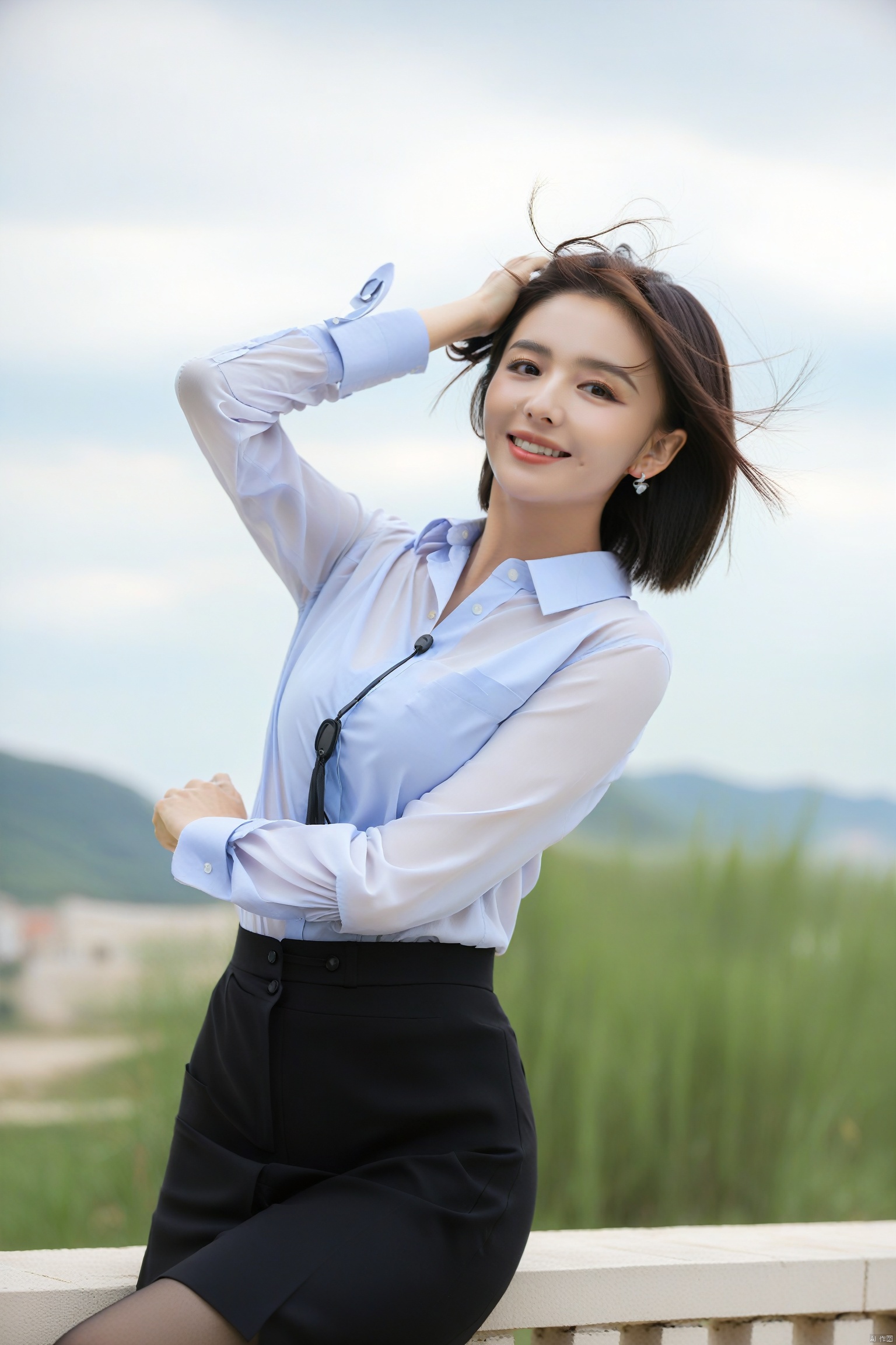  8K, high-quality photo features a professional girl outdoors as the protagonist.(adjusting hair:1.5)(pantyhose:1.2), (short buttoneddownshirt:1.2) She was wearing a black professional suit and short sleeved shirt, with the collar button tightly fastened. Her attire also includes tight pants, bras, and high heels. Her earrings are exquisite, with a smile on her face, a tightly closed mouth, a small chest, and meticulous eyes. Her short hair fluttered in the wind, and the background was a delicate sky., ((poakl)), 1girl, yaya