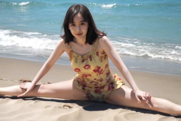  1girl, solo, ocean,beach,sand,sun,sundress ,splitSitting