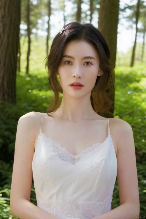 (realistic), (hyperrealism),best quality, masterpiece,ultra high res, (photorealistic:1.4),1girl,pale skin,skinny,(looking at viewer:2), ,forest, flowers, sunlight,
   , (tattered) wedding dress , bare shoulders, upper body,