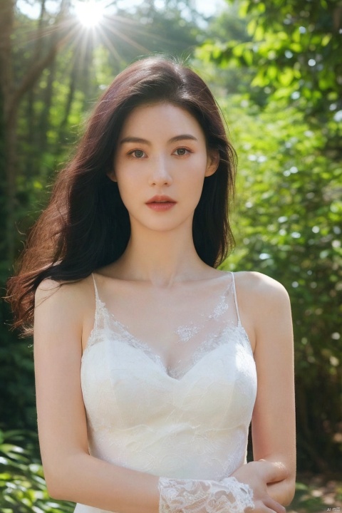 (realistic), (hyperrealism),best quality, masterpiece,ultra high res, (photorealistic:1.4),1girl,pale skin,skinny,(looking at viewer:2), ,forest, flowers, sunlight,
   , (tattered) wedding dress , bare shoulders, upper body,