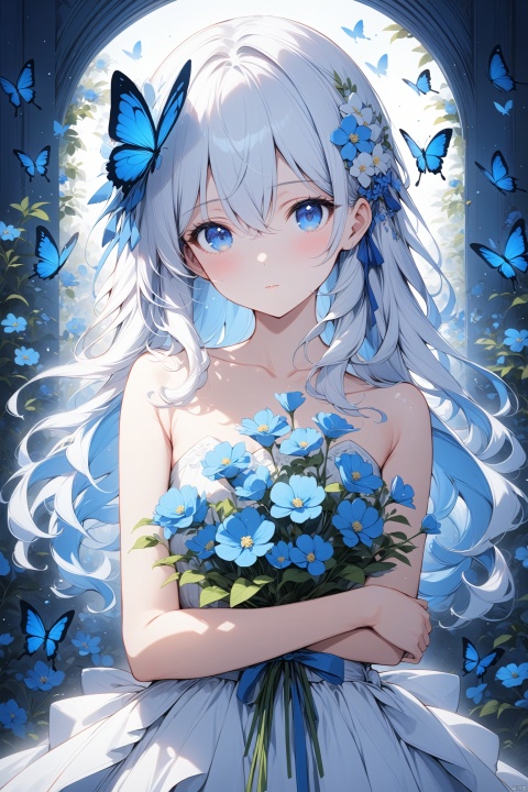  masterpiece,best quality,high quality,(colorful),flower, 1girl, solo, hair ornament, holding, blue flower, bug, hair flower, blue eyes, butterfly, long hair, looking at viewer, dress, hair between eyes, bare shoulders, blue butterfly, upper body, collarbone, white dress, closed mouth, white hair, holding flower, blue theme, strapless, ribbon, tr mini style, Sewing doll, 3DIP,8k,IP