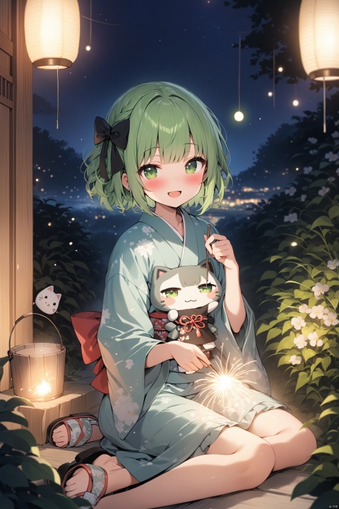  (masterpiece), (best quality), illustration, ultra detailed, hdr, Depth of field, (colorful),Nachoneko, 1girl, komeiji_koishi, solo, fireworks, heart_of_string, green_eyes, green_hair, open_mouth, japanese_clothes, third_eye, bucket, sparkler, smile, heart, wide_sleeves, sandals, kimono, looking_at_viewer, sitting, ribbon, long_sleeves, night, short_hair, outdoors, bow, blush, yukata, frills, full_body, bush, no_headwear, alternate_costume, hair_ribbon, tr mini style, Sewing doll, 3DIP