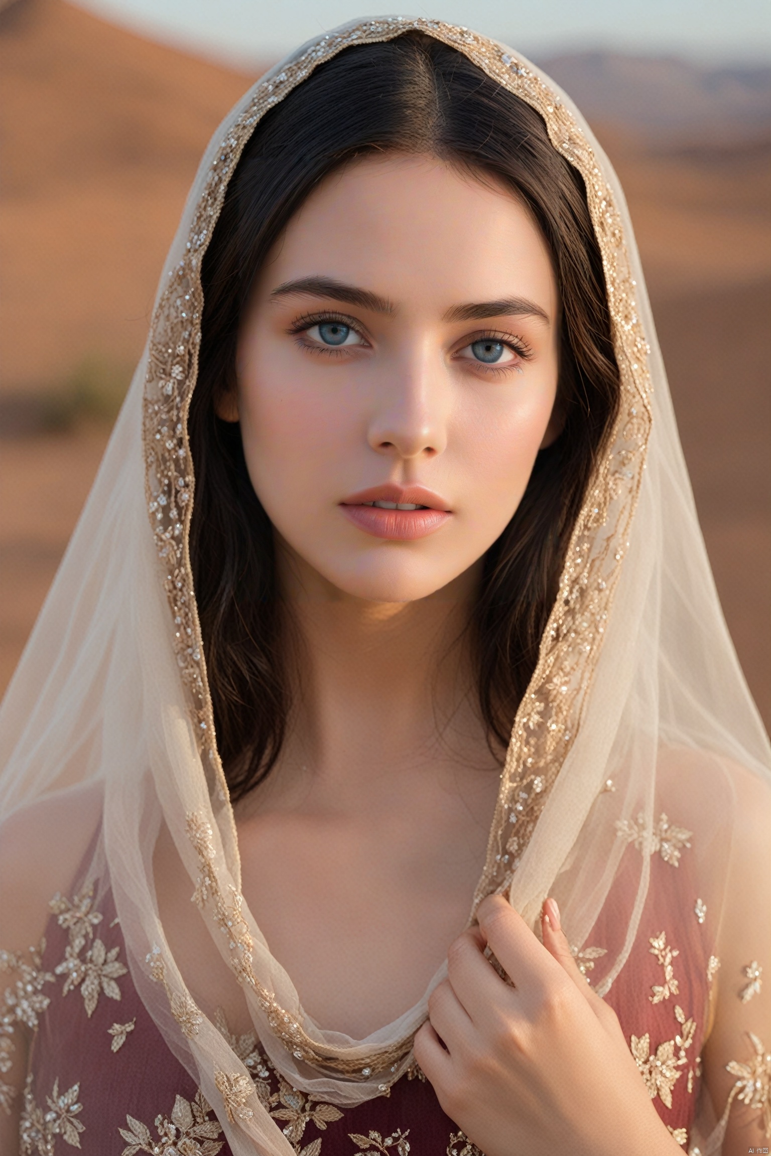 This image shows a close-up of an ethereal-looking young woman with long dark hair falling over her shoulders, blue eyes, her head adorned with a transparent scarf or veil, with the desert in the background, her The complexion was impeccable, with earthy tones on the lids and soft peach on the lips complementing the subtle makeup. She rests her face gently on her hands, exudes calm and poise, wears a burgundy embroidered gown, photo realistic, best quality, super high resolution, extremely detailed eyes and face, full body showing face audience,