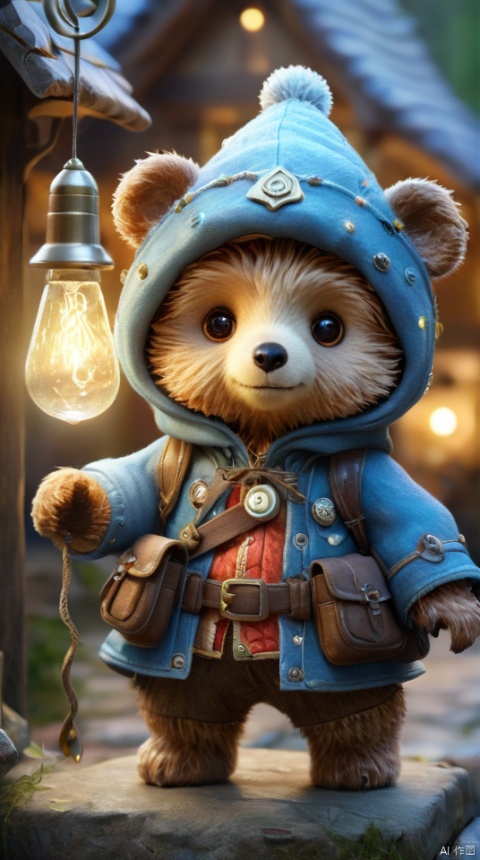  Hyper-detailed painting, Jean-Baptiste Monge style, The cute little brave bear is in the novice village, wearing adventurer clothes, splash, glittering, cute and adorable, filigree, lights, fluffy, magic, surreal, fantasy, digital art, ultra hd, hyper-realistic illustration, vivid colors, UHD, cinematic perfect light, greg rutkowski, 3DIP, tr mini style, Sewing doll