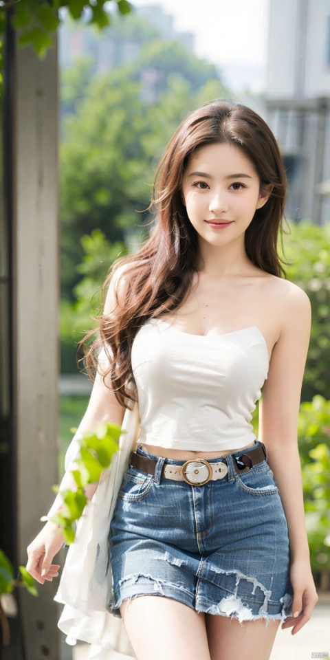 1girl, , bare_shoulders, belt, blurry, blurry_background, blurry_foreground, branch, breasts, brown_eyes, brown_hair, collarbone, cosplay_photo, denim, denim_skirt, depth_of_field, hand_on_own_chest, lips, long_hair, looking_at_viewer, midriff, miniskirt, motion_blur, navel, outdoors, photo_\(medium\), realistic, skirt, solo, standing, tree,anni,kind smile