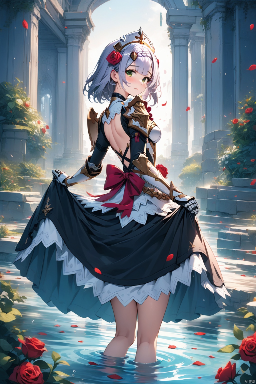  (masterpiece), (best quality), illustration, ultra detailed, hdr, Depth of field, (colorful),[Xnkzzmcz],[iumu],noelle (genshin impact), 1girl, solo, short hair, braid, armor, looking at viewer, green eyes, petals, wading, flower, skirt hold, rose, hair ornament, grey hair, maid headdress, looking back, water, shoulder armor, red rose, red flower, dress, maid, bangs, from behind, armored dress, gauntlets, hair flower, blush, standing, Illustration