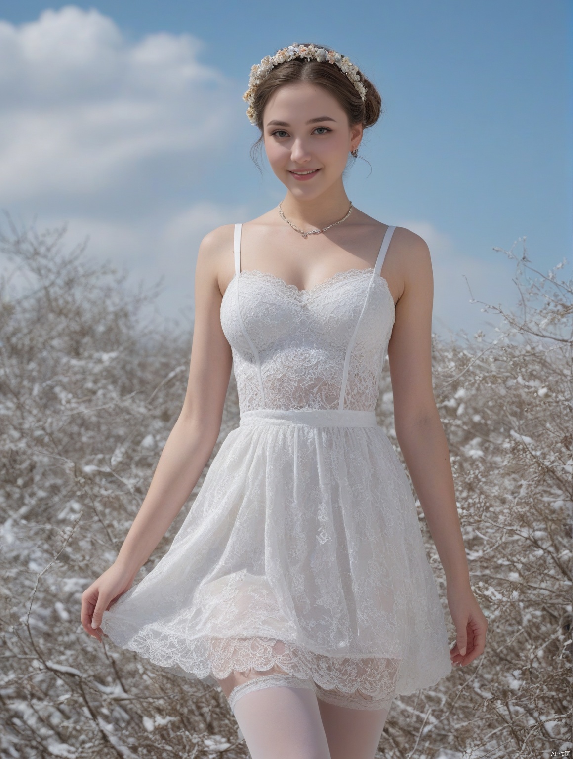  (((full body))), Realistic, masterpiece, highest quality, high resolution, extreme details, 1 girl, solo, bun, headdress, delicate eyes, beautiful face, shallow smile, delicate necklace, suspender dress, white lace dress, light gauze, snow-white skin, delicate skin texture, silver bracelet, pantyhose, high heels, elegant standing, outdoor, blue sky, white clouds, flowers, flowers, grass, movie light, light, light tracking, (Nikon AF-S 105mm f / 1.4E ED), MAJICMIX STYLE