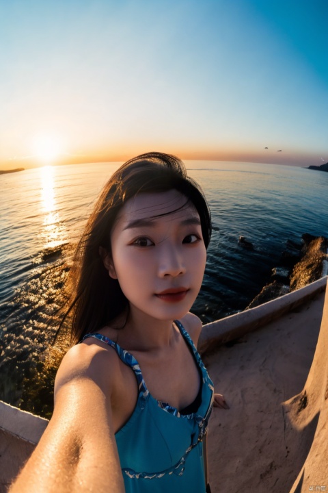  a Asian woman takes a fisheye selfie on a beach at sunset, the wind blowing through her messy hair. The sea stretches out behind her, creating a stunning aesthetic and atmosphere with a rating of 1.2, ((poakl)), poakl ggll girl