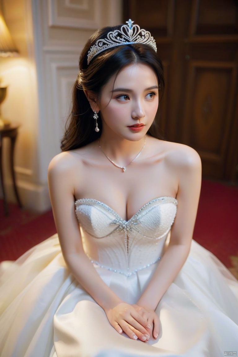 Style;masterpiece,bestquality,8k,4k,Filmtexture,
Characters;1girl,solo,blackhair,long_hair,brown_eyes,lips,collarbone,breasts,bareshoulders,
Clothing;dress, jewelry,earrings,whitedress,strapless,tiara,straplessdress,weddingdress,
action; sitting,
scene; dusky,indoors, chair,,