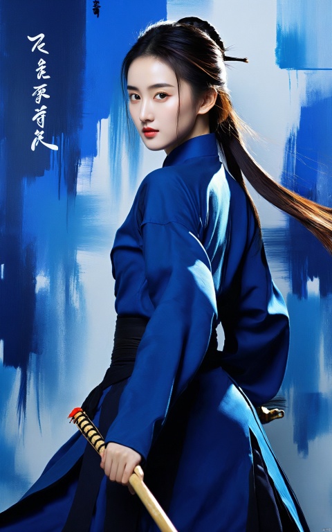  (abstract art:1.4), masterpiece, best quality, ultra high res, beautiful, visually stunning, (1girl:1.3), (dark blue theme:1.2), deep blue, cowboy shot,girl,wuxia,Chinese style,(Small chest:0.75),niji, sunlight, monkren, liuyifei