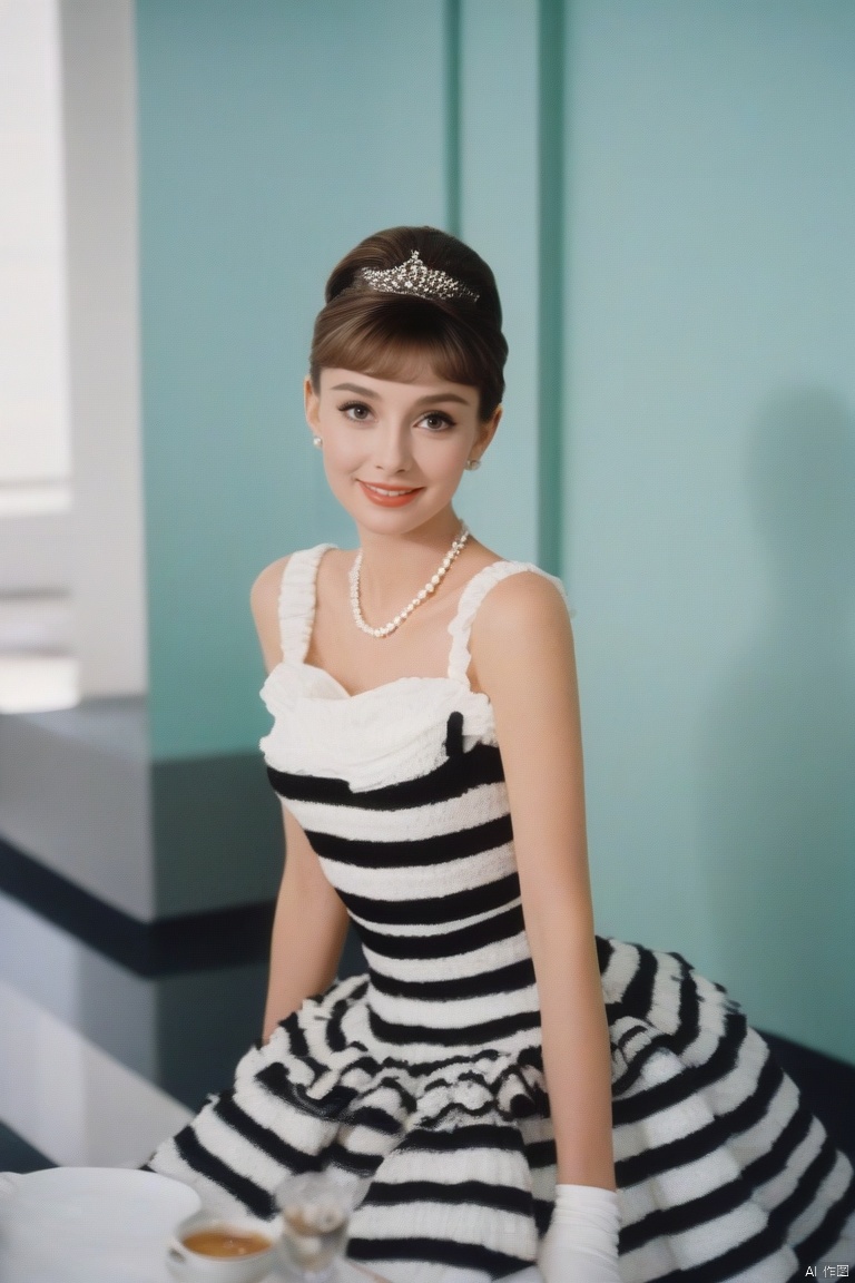  (masterpiece, best quality, hyper realistic, raw photo, ultra detailed, extremely detailed, intricately detailed), (photorealistic:1.4), (photography of Audrey Hepburn wearing a fashionable Striped off-the-shoulder ruffle hem dress, designed by Hubert de Givenchy, ), (smile), fairy, pure, innocent, beauty, (slender), super model, adr, Breakfast at Tiffany's, Sabrina, (glide_fashion), depthoffield,(fullshot),filmgrain,zeisslens,symmetrical,8kresolution,octanerender(OC渲染),extremelyhigh-resolutiondetails,finetexture,dynamicangle,fashion(时尚), fashion,,