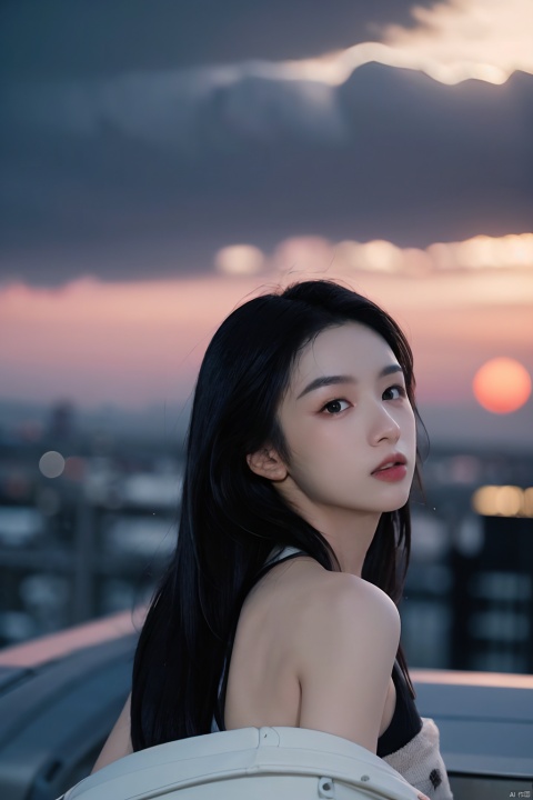  NSFW,Frontal photography,Look front,evening,dark clouds,the setting sun,On the city rooftop,A 20 year old female,Black top,Black Leggings,black hair,long hair, dark theme, muted tones, pastel colors, high contrast, (natural skin texture, A dim light, high clarity) ((sky background))((Facial highlights)), Light master, 1girl