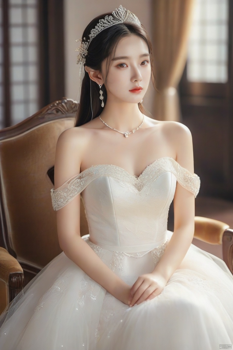 风格;masterpiece,bestquality,8k,4k,Filmtexture,
人物;1girl,solo,blackhair,long_hair,brown_eyes,lips,collarbone,breasts,bareshoulders,
服饰;dress, jewelry,earrings,white dress, strapless,tiara, straplessdress,weddingdress,
动作;sitting,
场景; dusky,indoors, chair,,