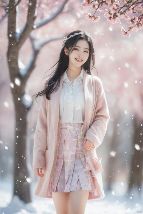  1 girl,Transparent skirt,pink face,stockings,(snow:1.2),(snowing:1.2),peach blossom,snow,solo,scarf,black hair,smile,long hair,bokeh,realistic,long coat,blurry, captivating gaze, embellished clothing, natural light, shallow depth of field, romantic setting, dreamy pastel color palette, whimsical details, captured on film,. (Original Photo, Best Quality), (Realistic, Photorealistic: 1.3), Clean, Masterpiece, Fine Detail, Masterpiece, Ultra Detailed, High Resolution, (Best Illustration), (Best Shadows), Complex, Bright light, modern clothing, (pastoral: 1.3), smiling,standing,(very very short skirt:1.5),knee socks,(white shoes: 1.4),long legs, forest, grassland,(view: 1.3), 21yo girl, striped, wangyushan, capricornus, 1girl, light master