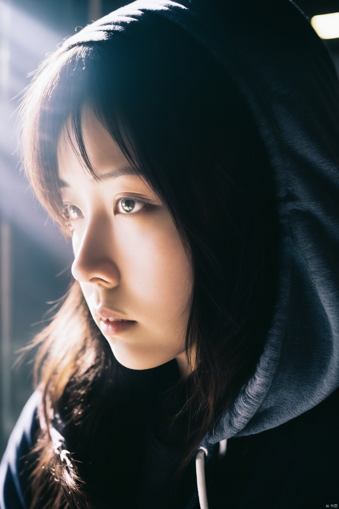  a girl close up,chinese girl,tyndall effect,Hoodie,foggy,dark shadow photography,surreal dramatic lighting shadow (lofi, analog)
, xxmixgirl, sunlight