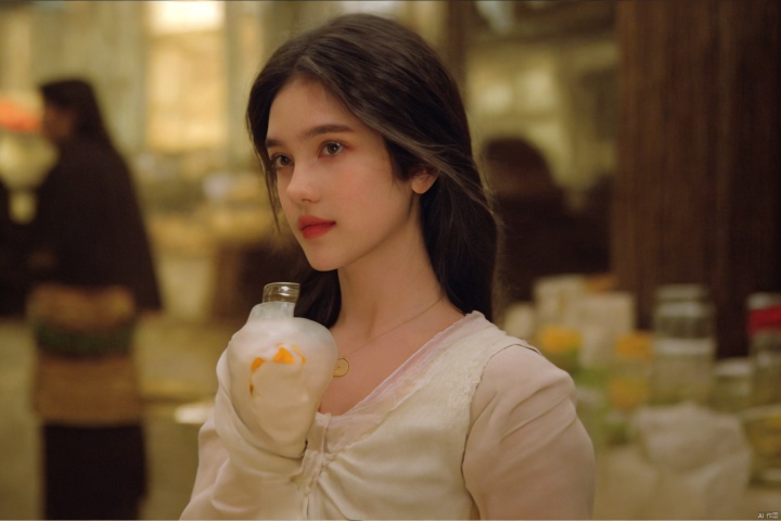  sdmai, fanhua, 1girl, solo, long hair, blurry, looking at viewer, brown eyes, brown hair, bottle, depth of field, parted lips, lips, cup, realistic, drinking glass,