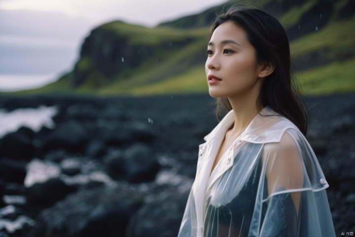  analog film photo chinese girl, cinematic film still, ((Establishing_Shot)), ((looking away)), expression of enjoyment, an ultra high definition professional high fashion portrait full length photograph, a model wearing a transparent pearlescent raincoat in an icelandic black rock environment at dawn, no artefacts, extremely detailed, stark, refraction, shallow depth of field, volumetric light and shadow, ray tracing, light rays, shallow depth of field, vignette, highly detailed, high budget, bokeh, cinemascope, moody, epic, gorgeous, film grain, grainy . faded film, desaturated, 35mm photo, grainy, vignette, vintage, Kodachrome, Lomography, stained, highly detailed, found footage
, monkren, Fairy, realistic,sunlight